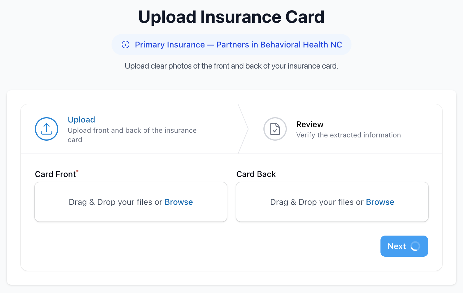 Screenshot: AI insurance card extraction review step