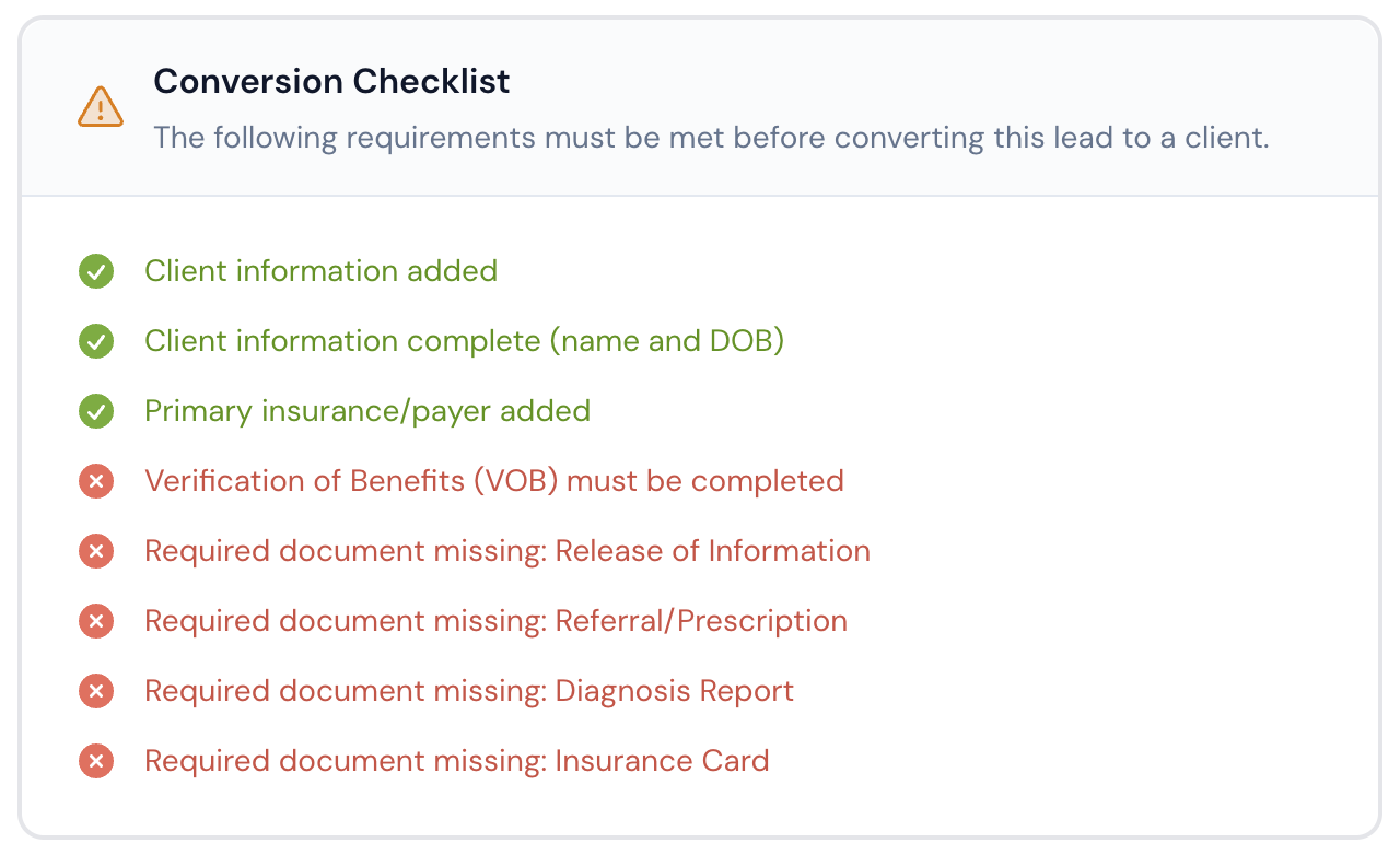 Screenshot: Conversion checklist with green checks and red X items