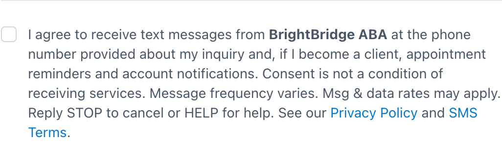 Close-up of SMS consent checkbox with CTIA disclosure text including practice name, message frequency, rates, STOP, and HELP instructions
