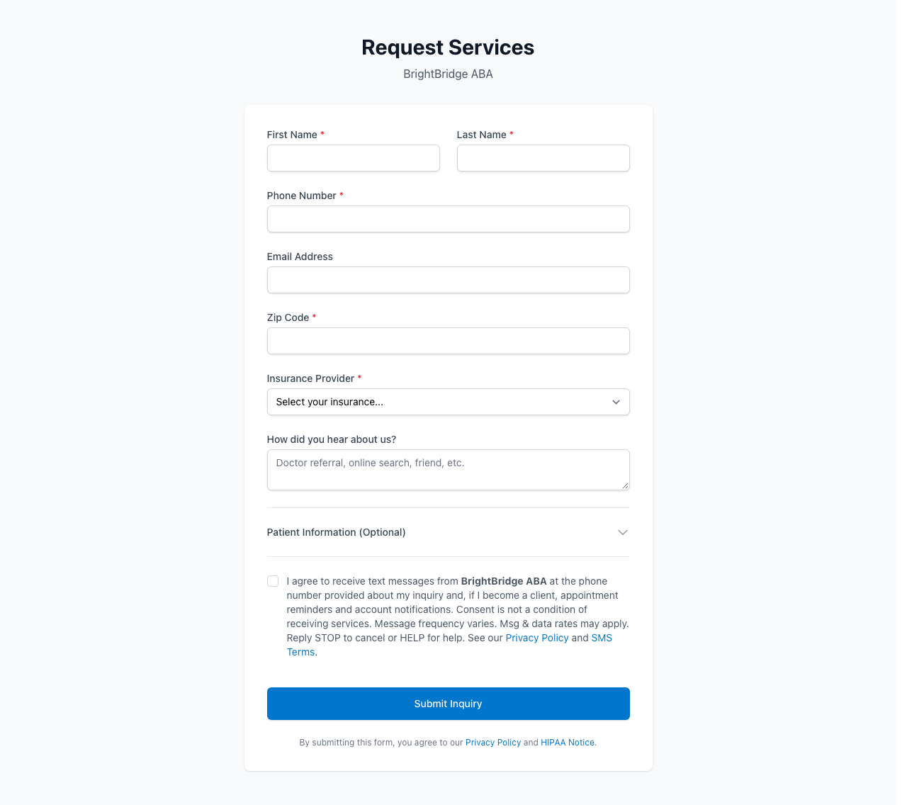 Practice-branded inquiry form showing all fields and consent checkbox